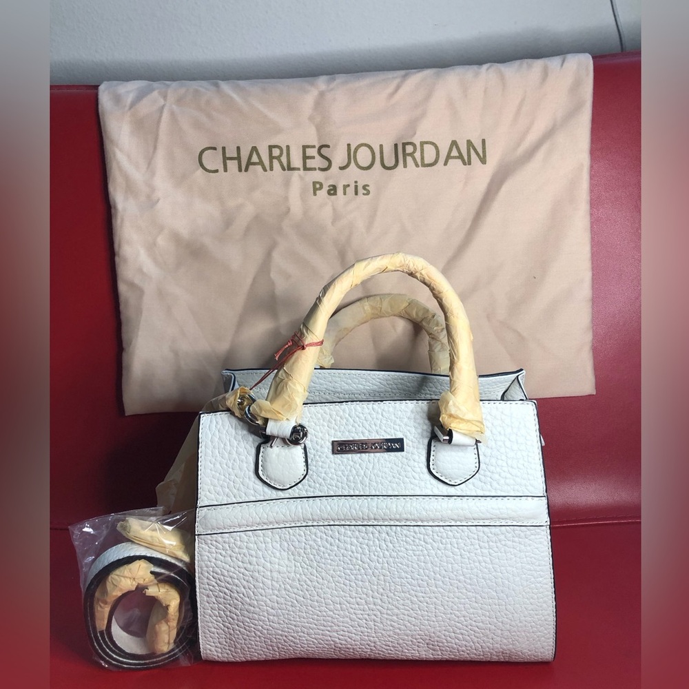 Vintage Charles Jourdan Paris White Pebbled Leather Tote Satchel w/ Dust Bag NWT